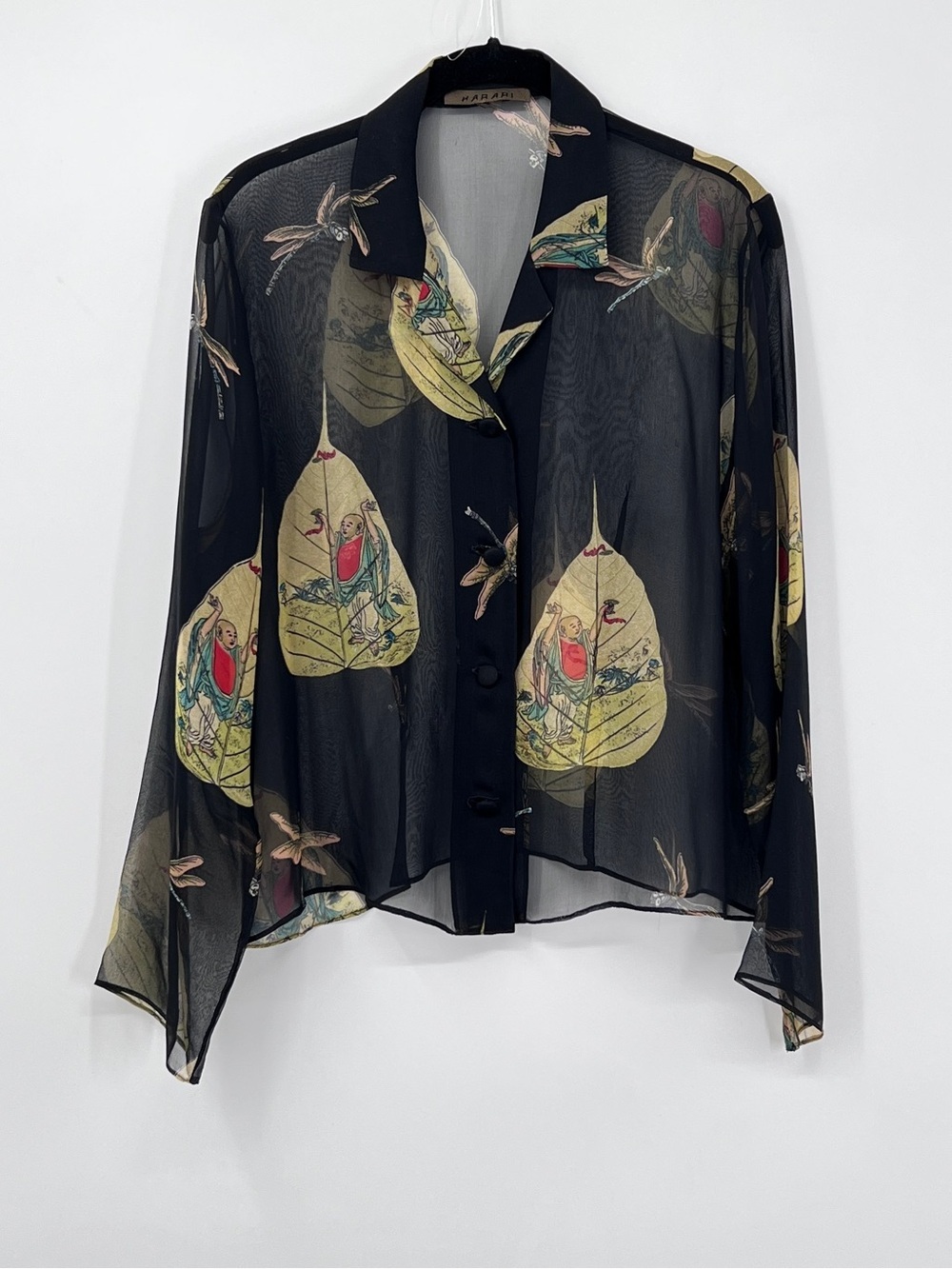 Vintage Harari Sheer Black Printed Button-Front Women's Blouse size small